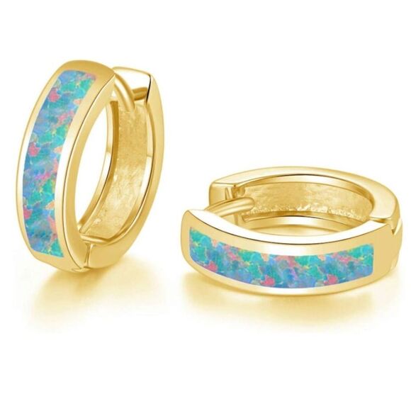 14K Yellow Gold with Genuine Rainbow Fire Opal Huggie Hoop Snap Hinge Earrings - Picture 1 of 4